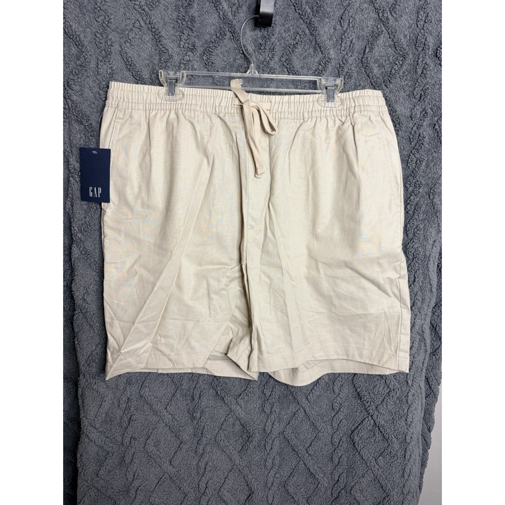 Gap Linen Pull On Shorts Mens XL Beige Elastic Waist Drawstring Pockets Chino